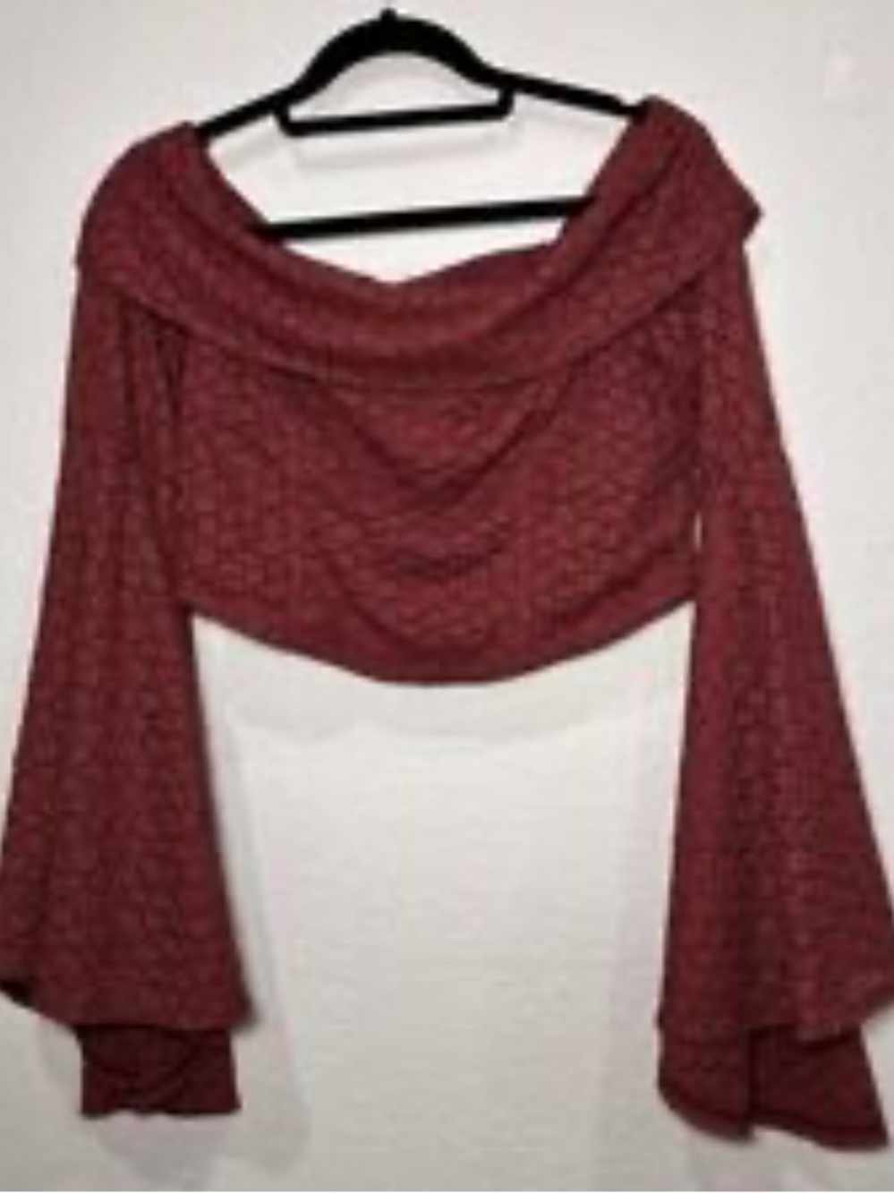 FREE PEOPLE LOLA OFF-SHOULDER LACE CROPPED BELL SLEEVE TOP BURGUNDY SZ L - Picture 11 of 13